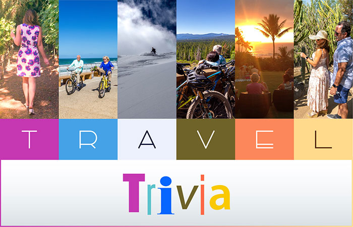 Travel trivia colorful text with pictures of various destinations