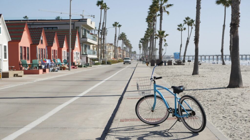Bicycle cruiser bike by oceanside beach, California coast